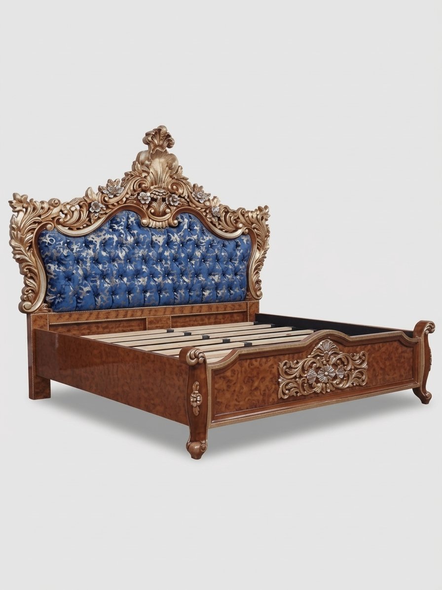 Royal Blue Carved Wooden Bed - Image 4