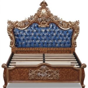 Royal Blue Carved Wooden Bed