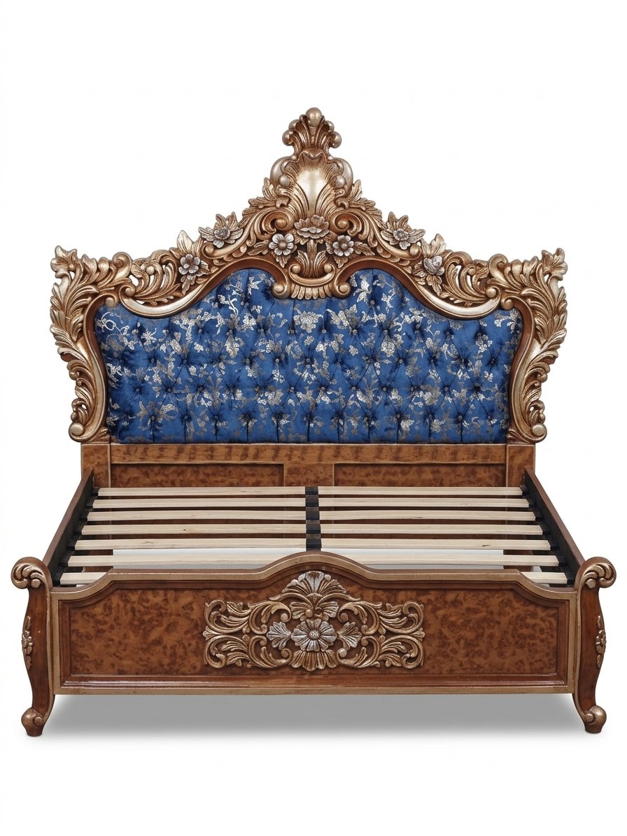 Royal Blue Carved Wooden Bed